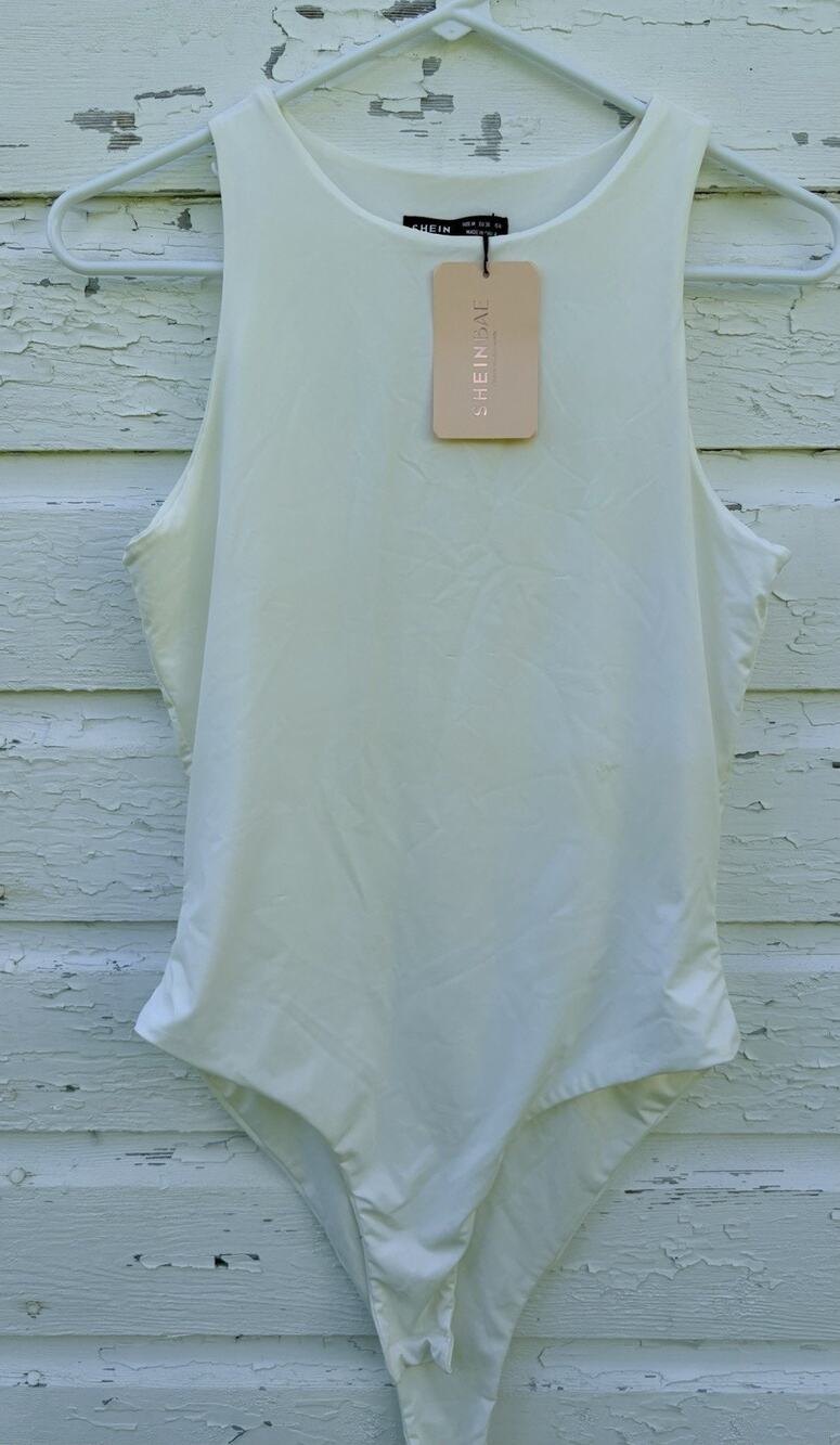 SHEIN BAE Bodysuit Top White Stretch Tank Snap Crotch Double Lined Compression